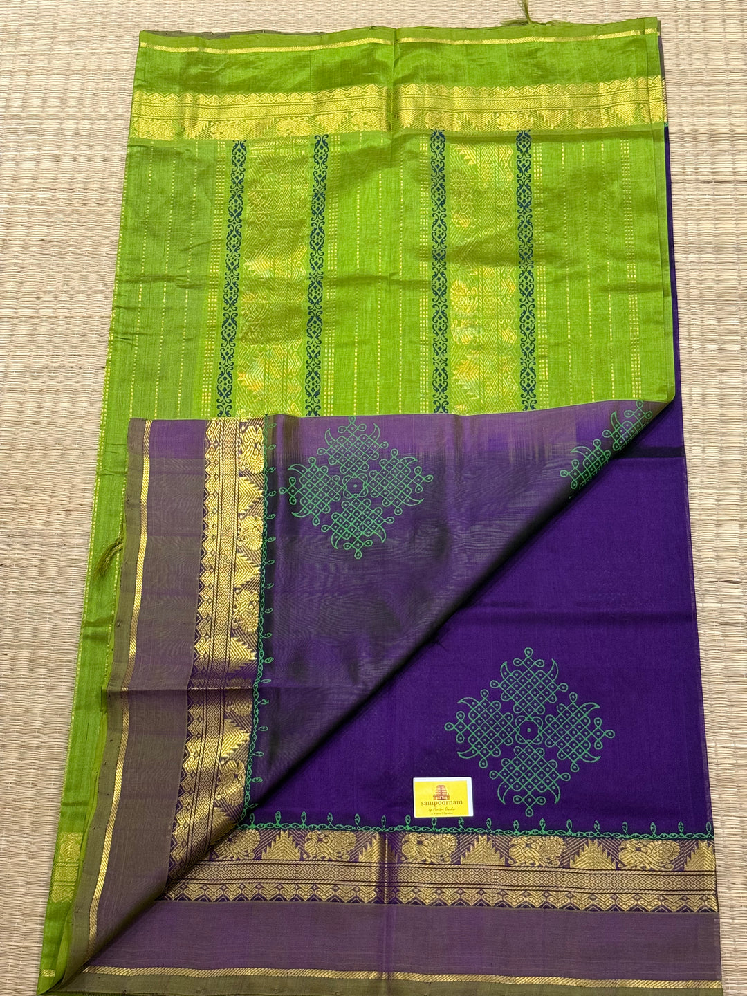 Purple with green Traditional Border and Pallu Kolam Handblock Printed Silk Cotton Saree