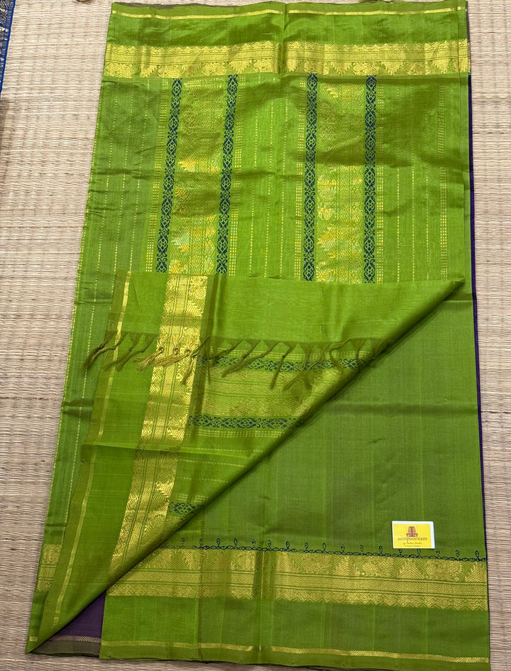 Purple with green Traditional Border and Pallu Kolam Handblock Printed Silk Cotton Saree