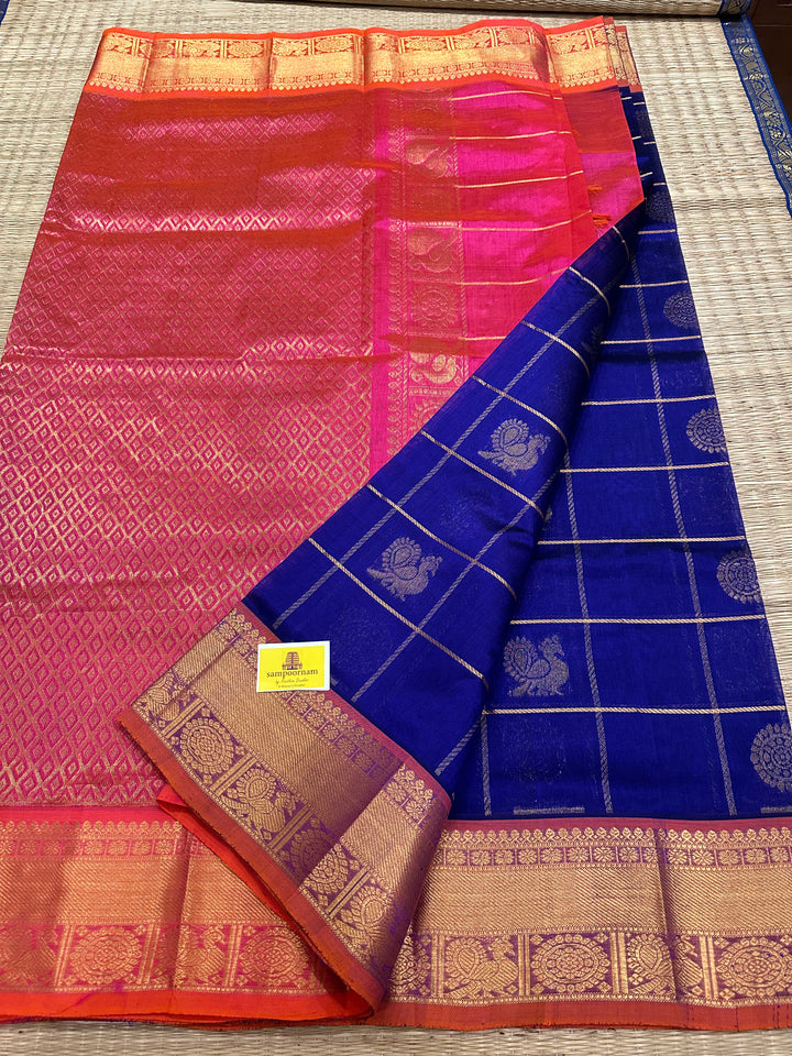 Blue with Orangish Pink Mayil Chakram Silk Cotton Saree