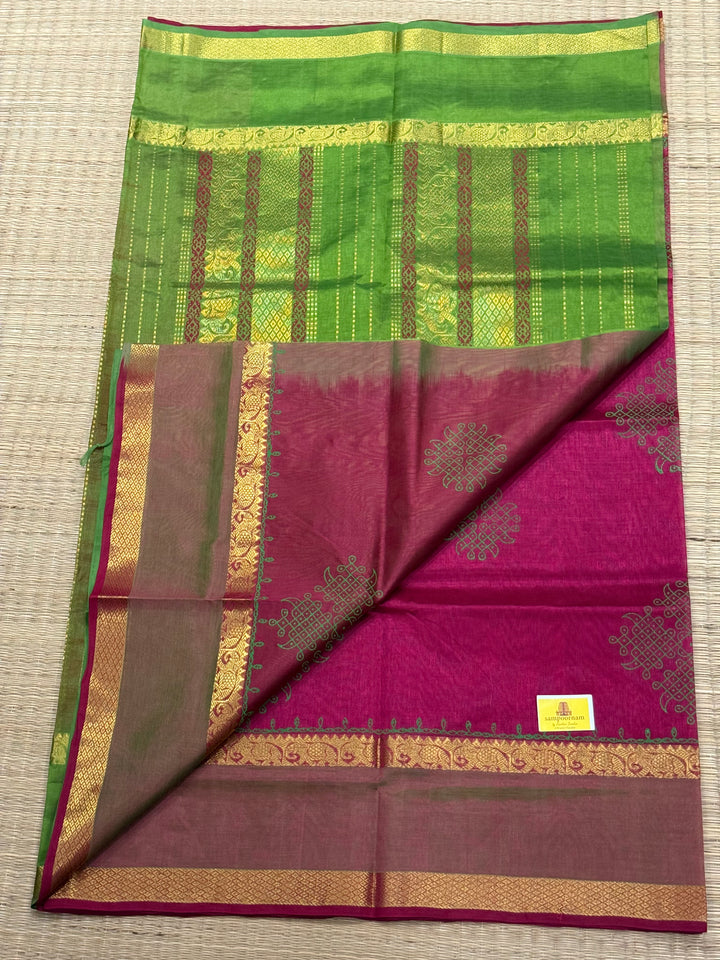 Magenta with Green Traditional Border and Pallu ,Kolam Handblock Printed Silk Cotton Saree