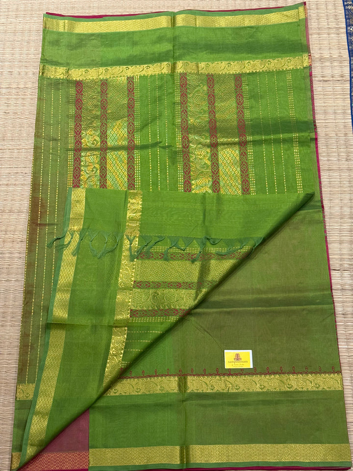 Magenta with Green Traditional Border and Pallu ,Kolam Handblock Printed Silk Cotton Saree