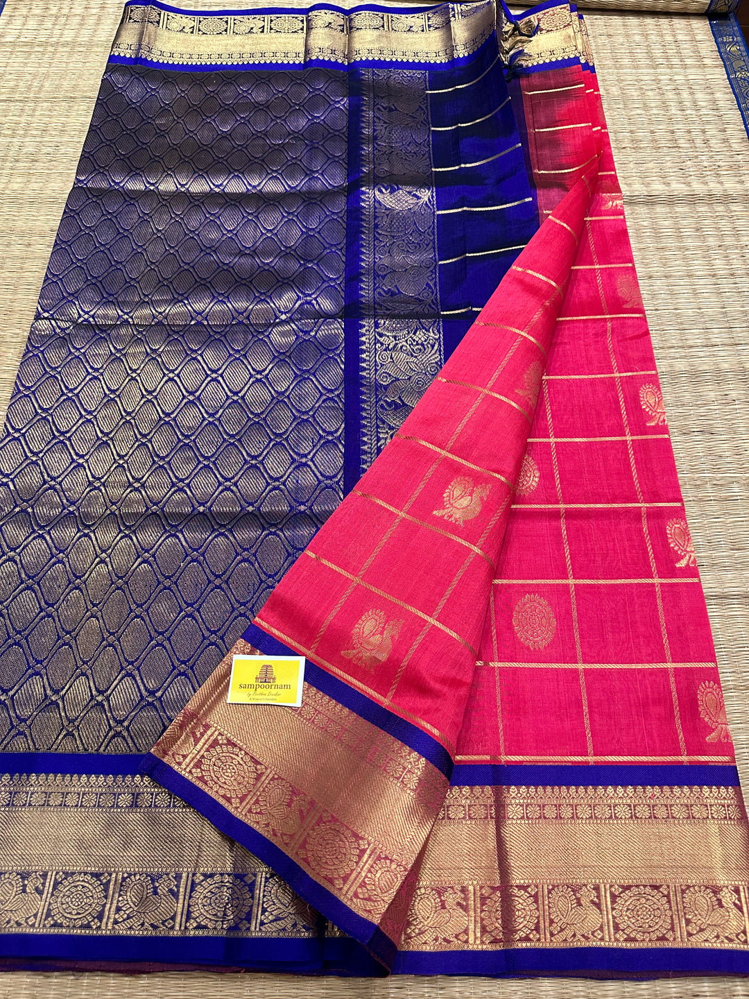 Pink with Blue Mayil Chakram Silk Cotton Saree