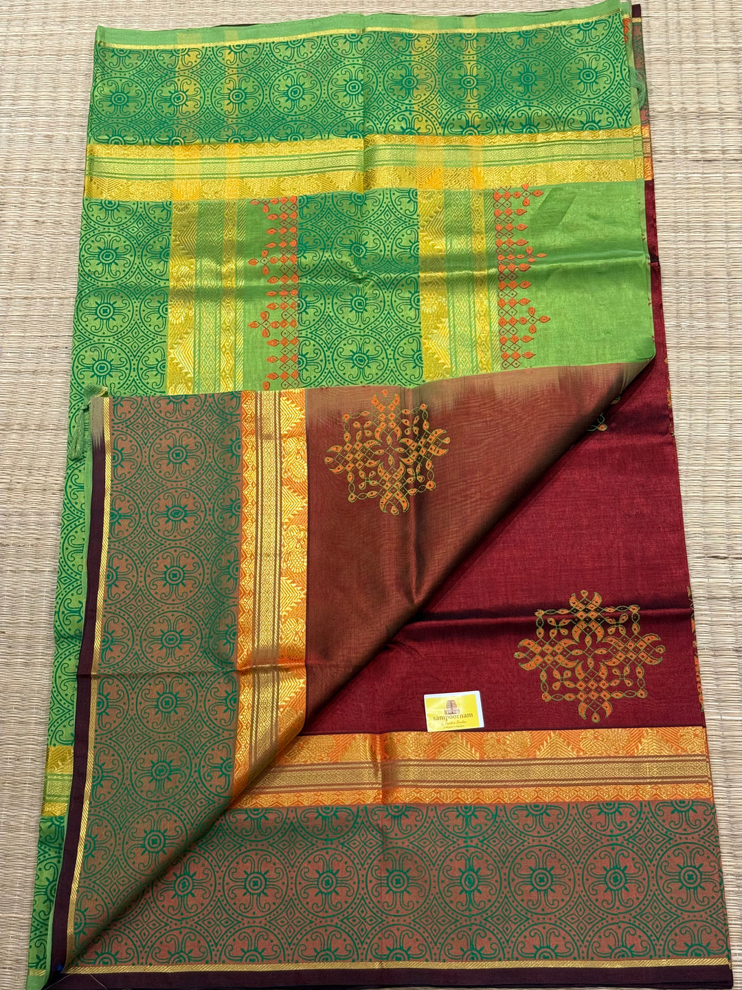 Brick Red with Green Traditional Border and Pallu ,Kolam Handblock Printed Silk Cotton Saree