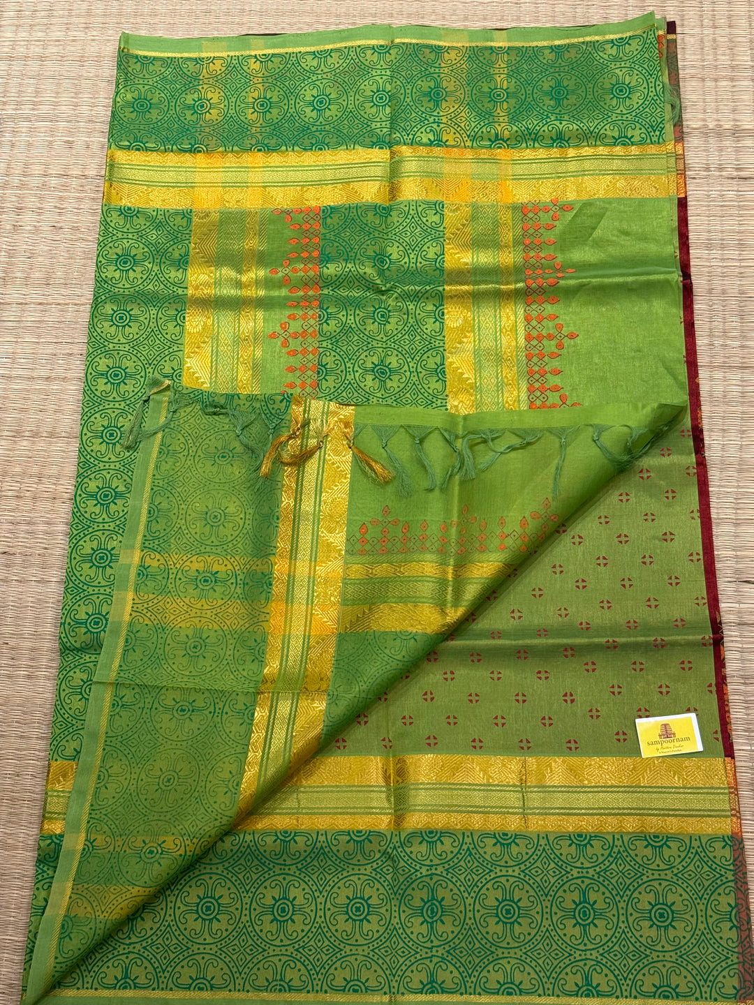 Brick Red with Green Traditional Border and Pallu ,Kolam Handblock Printed Silk Cotton Saree