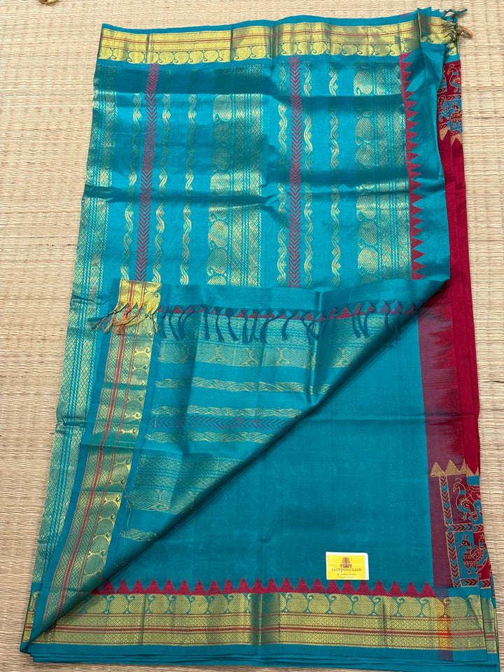 Red with Turquoise Blue, Traditional Border and Rich Pallu ,Annam and Elephant Handblock Printed Borders, Korvai Silk Cotton Saree