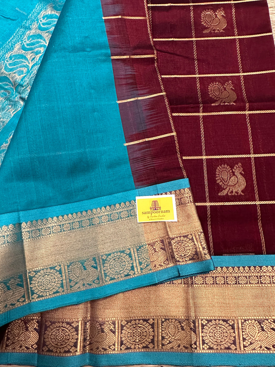 Maroonish Brown with Turquoise Blue Mayil Chakram Silk Cotton Saree