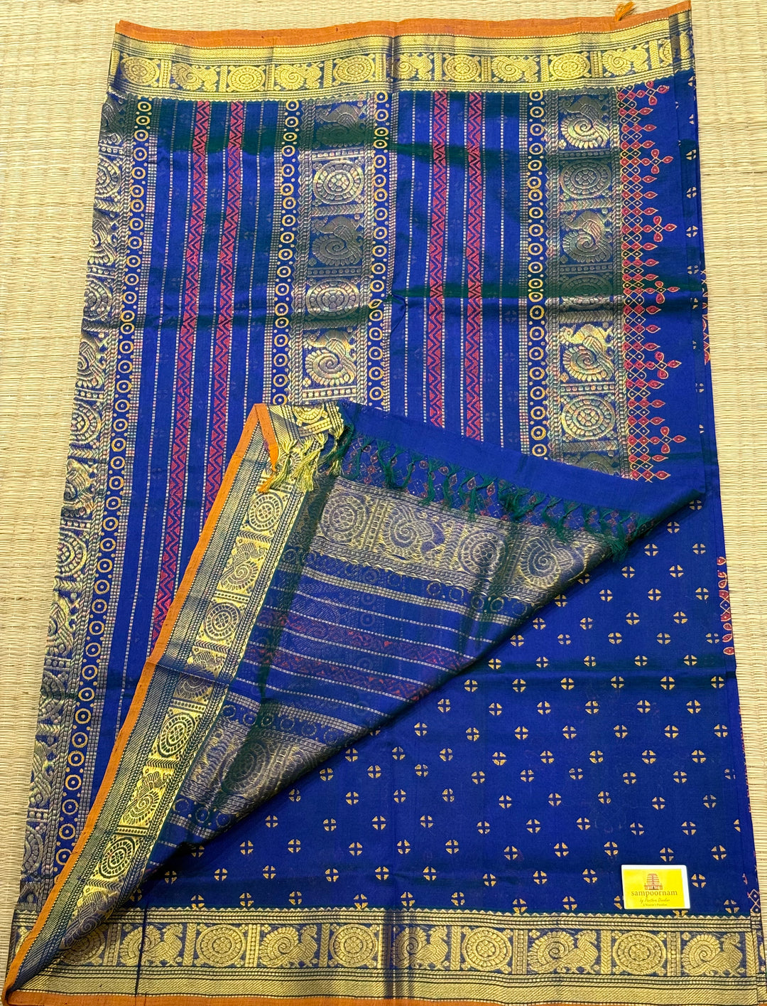 Royal Blue with orange selvedge Traditional Border and Pallu Kolam ,Handblock Printed Silk Cotton Saree