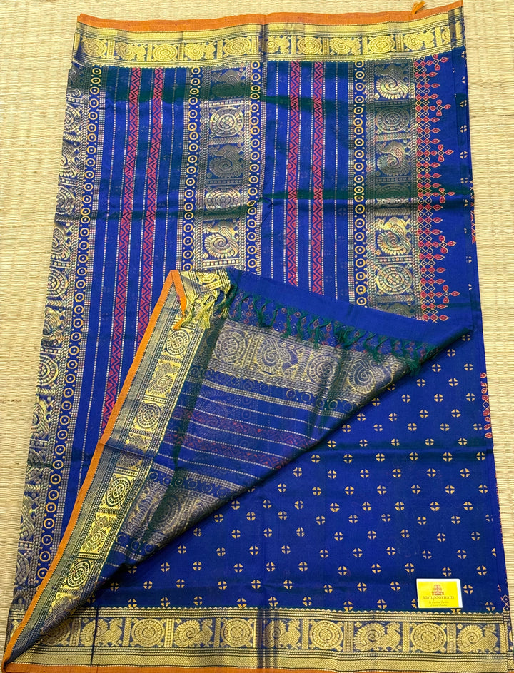 Royal Blue with orange selvedge Traditional Border and Pallu Kolam ,Handblock Printed Silk Cotton Saree
