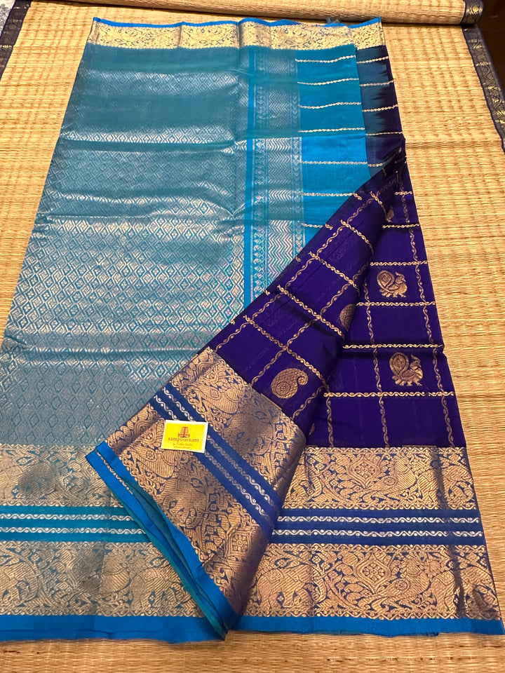 Blue with Blue one side big border Mayil Chakram Silk Cotton Saree