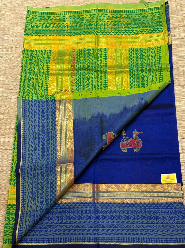 Ms blue with green,terracotta horse hand block printed silk cotton saree