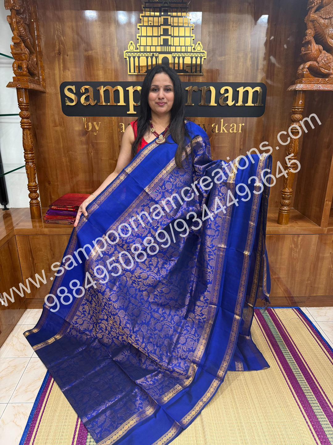 Royal blue ,  rich Vanasingaram Designs in the body , rettapet borders and rich pallu silk cotton saree
