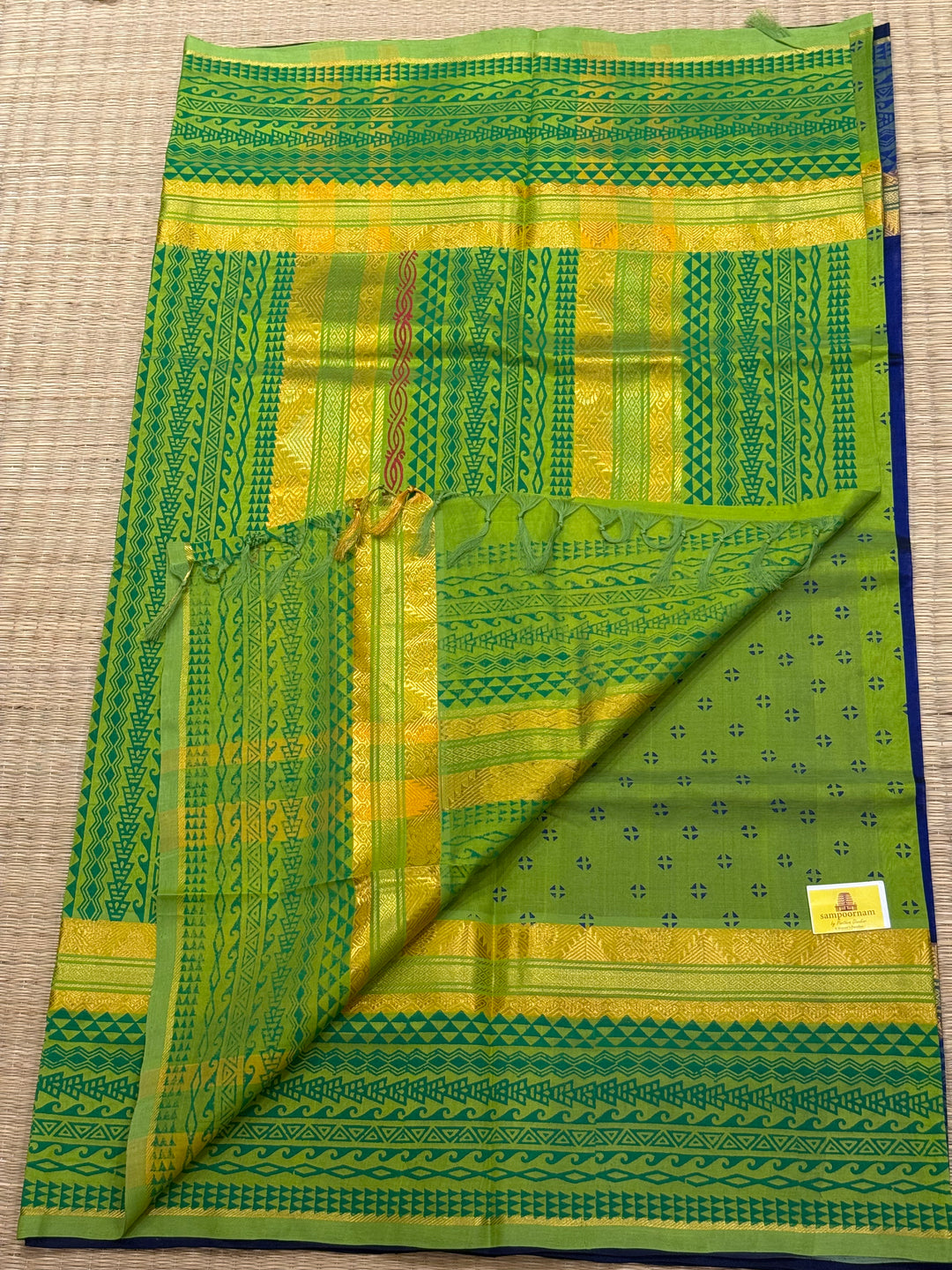 Ms blue with green,terracotta horse hand block printed silk cotton saree