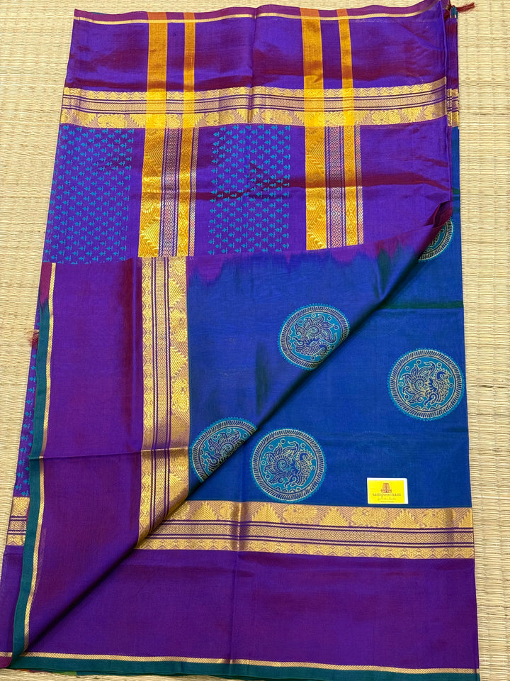Mayil kazuthu blue with purple , annam hand block printed silk cotton saree