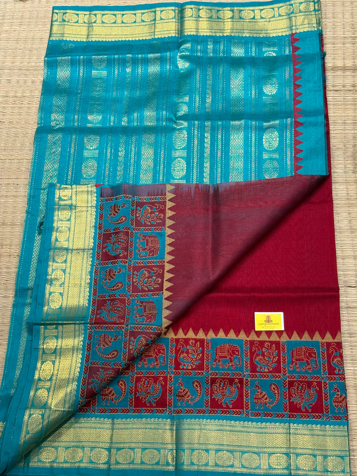 Red with Turquoise Blue Traditional Border and Rich Pallu ,Border Annam and Elephant Printed Silk Cotton Saree
