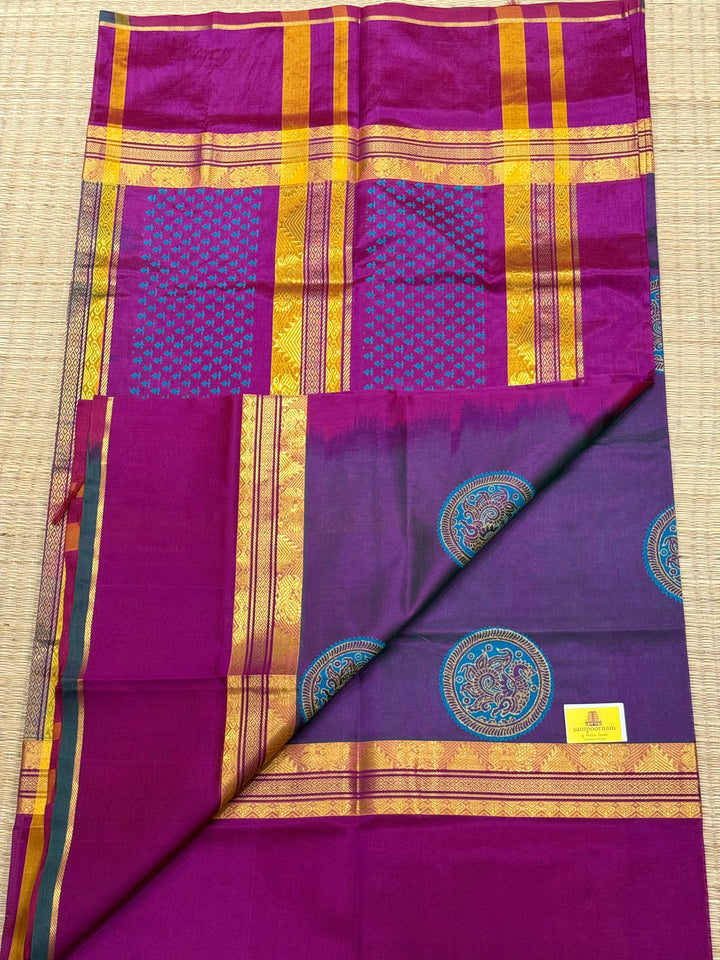 Purple with magentha , annam hand block printed silk cotton saree