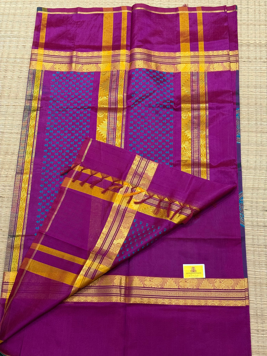 Purple with magentha , annam hand block printed silk cotton saree