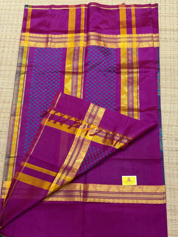 Purple with magentha , annam hand block printed silk cotton saree