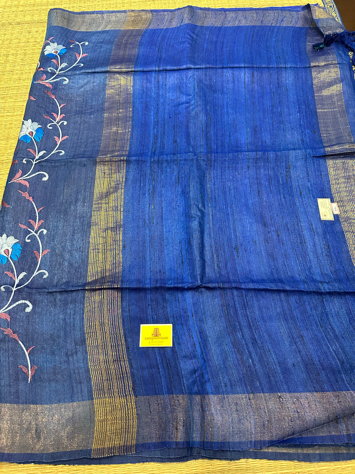 Floral Embroided Blue Pure Tussar Silk Saree