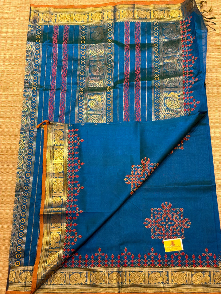 Rama blue with orange selvedge ,Traditional Border and Pallu Kolam Handblock Printed Silk Cotton Saree