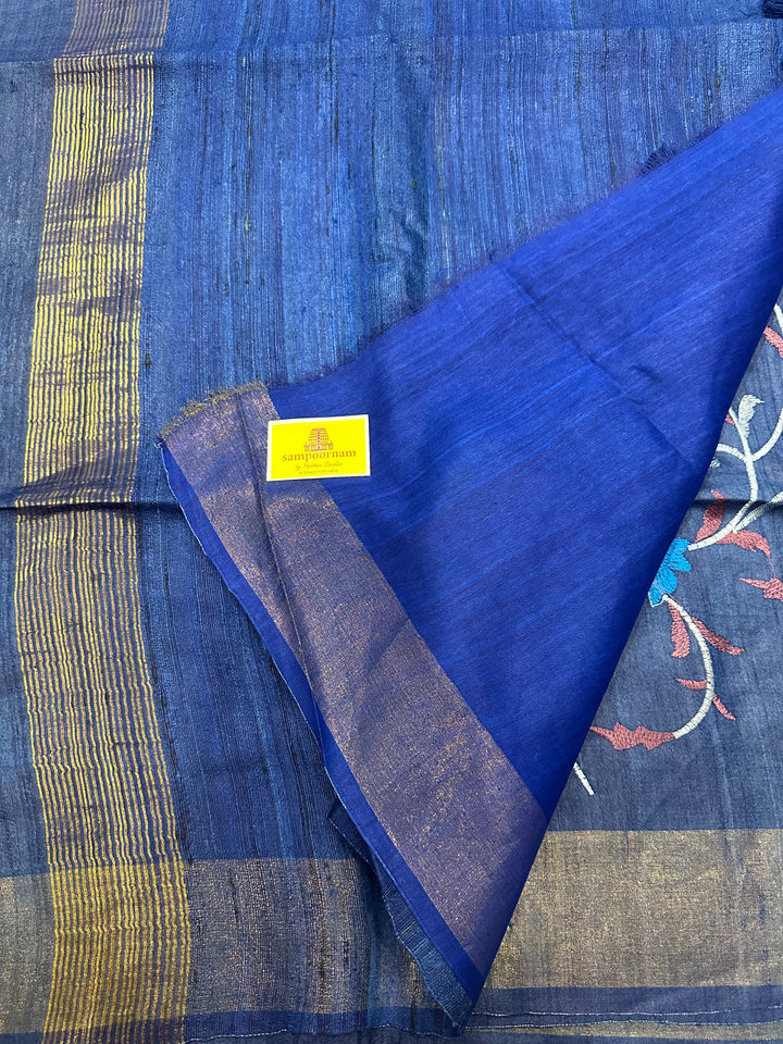 Floral Embroided Blue Pure Tussar Silk Saree