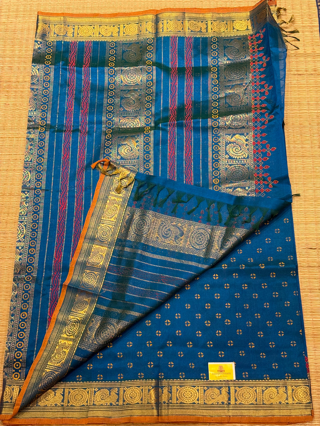 Rama blue with orange selvedge ,Traditional Border and Pallu Kolam Handblock Printed Silk Cotton Saree