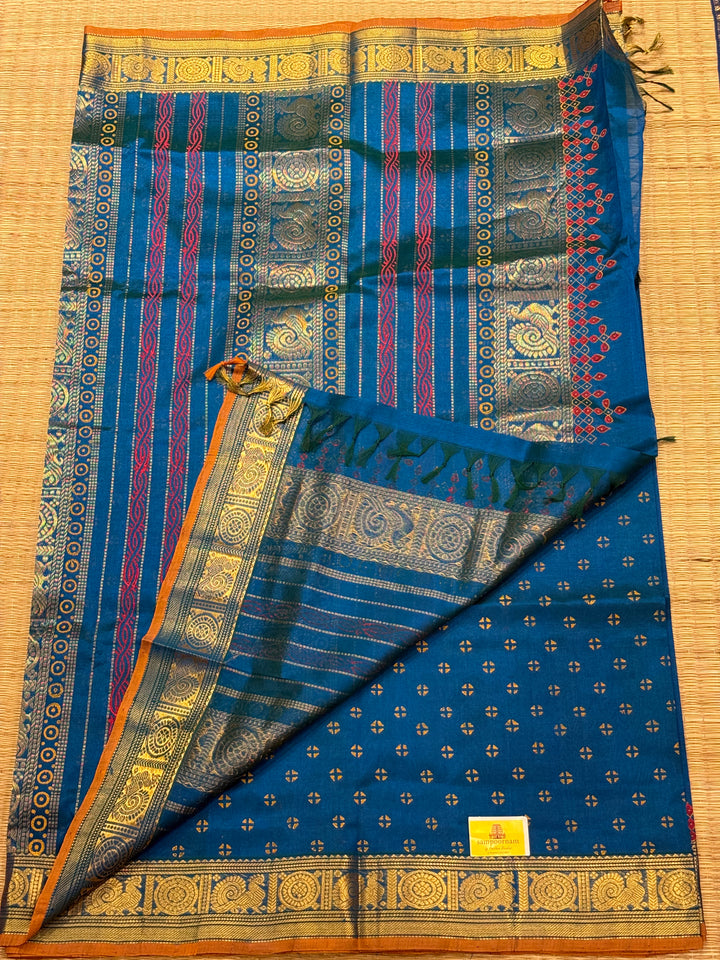 Rama blue with orange selvedge ,Traditional Border and Pallu Kolam Handblock Printed Silk Cotton Saree