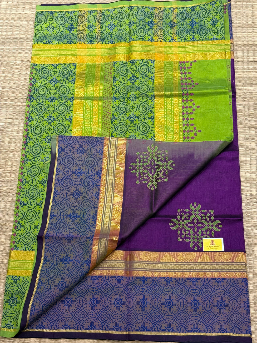 Purple with Green Traditional Border and Pallu Kolam Handblock Printed Silk Cotton Saree