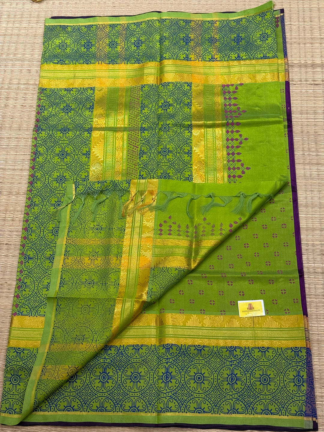 Purple with Green Traditional Border and Pallu Kolam Handblock Printed Silk Cotton Saree