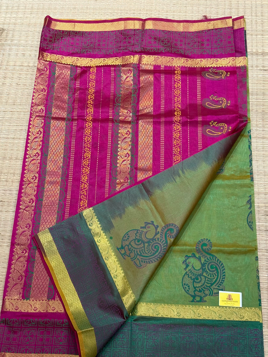 Green with pink , annam hand block printed silk cotton saree