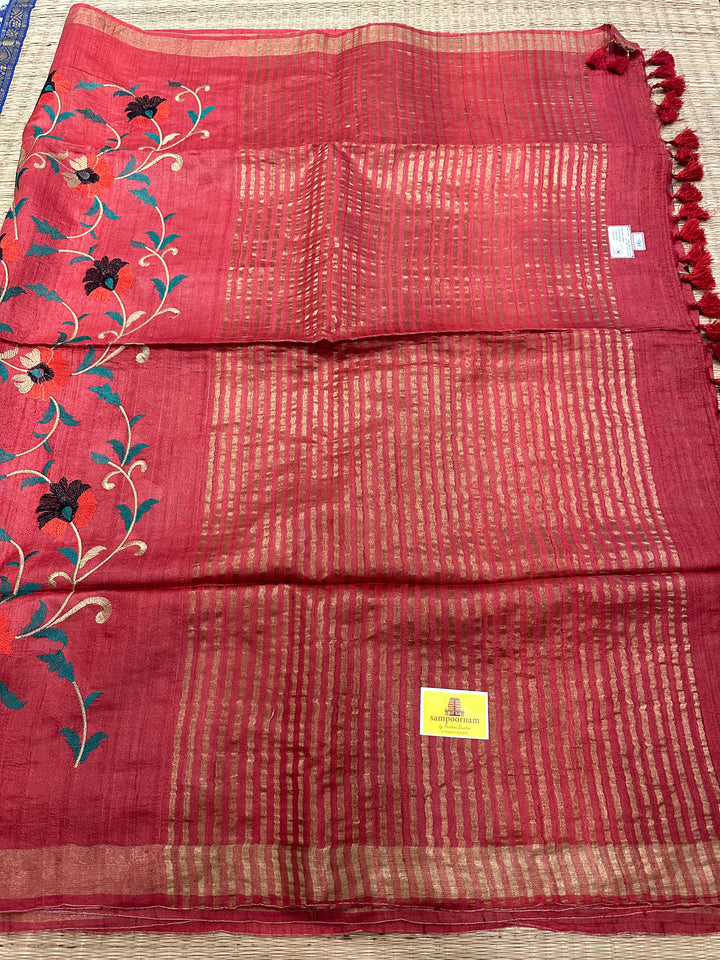 Floral Embroided Red Pure Tussar Silk Saree