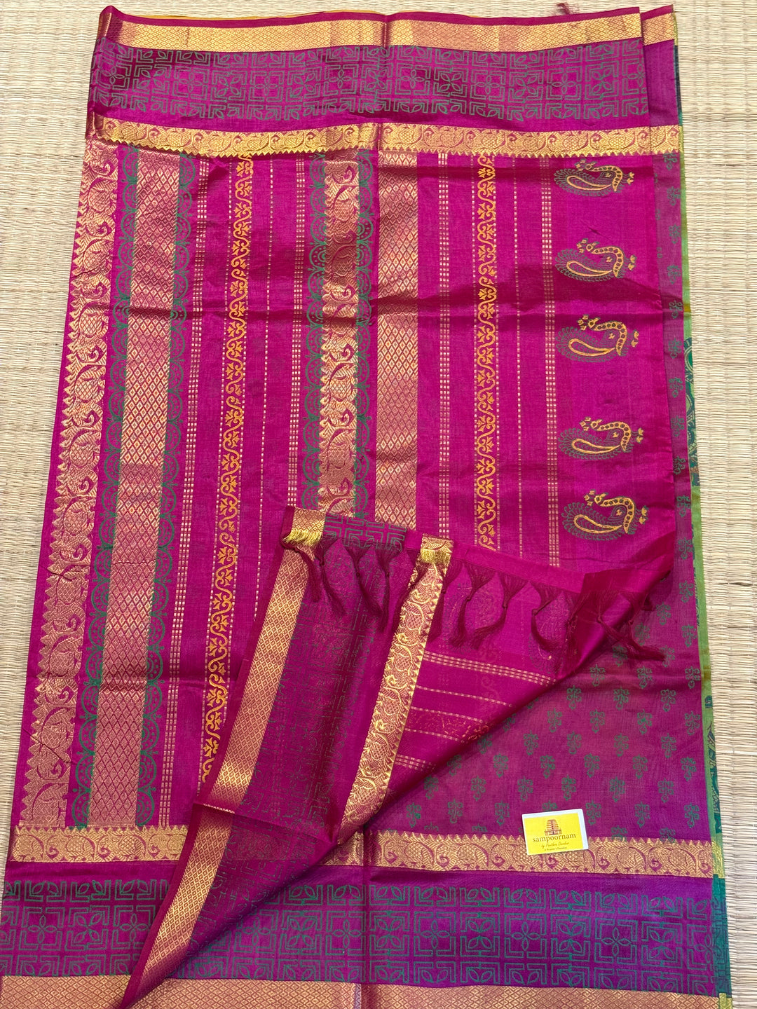 Green with pink , annam hand block printed silk cotton saree