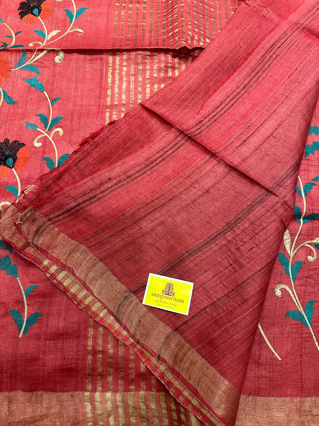 Floral Embroided Red Pure Tussar Silk Saree