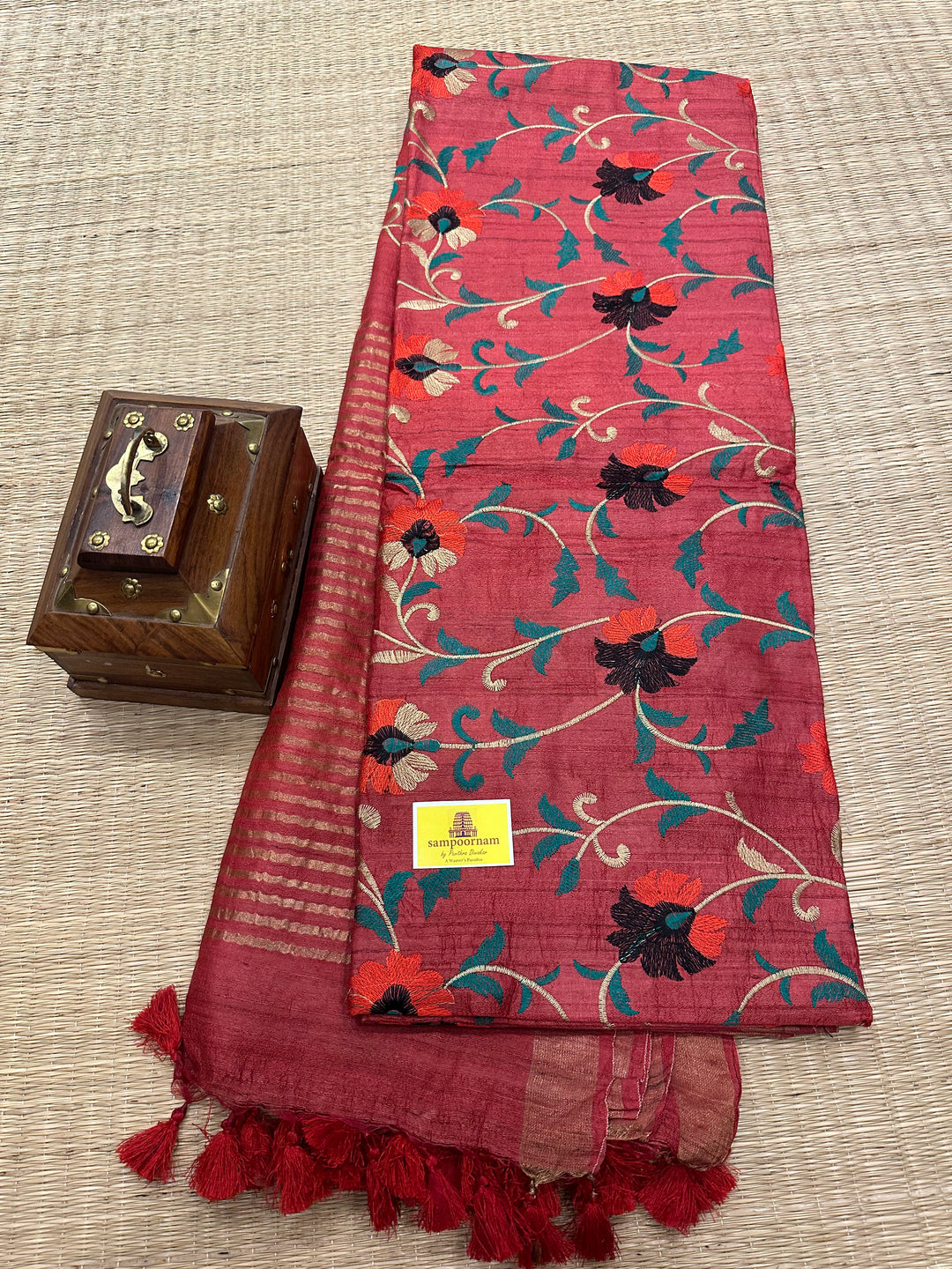 Floral Embroided Red Pure Tussar Silk Saree