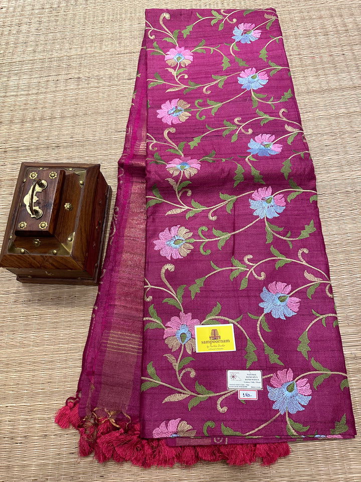 Floral Embroided Magenta Pure Tussar Silk Saree with Handblock Printed Pallu and Borders