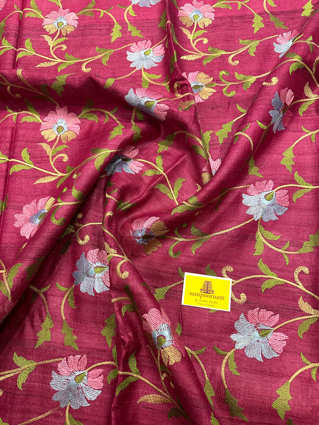 Floral Embroided Magenta Pure Tussar Silk Saree with Handblock Printed Pallu and Borders