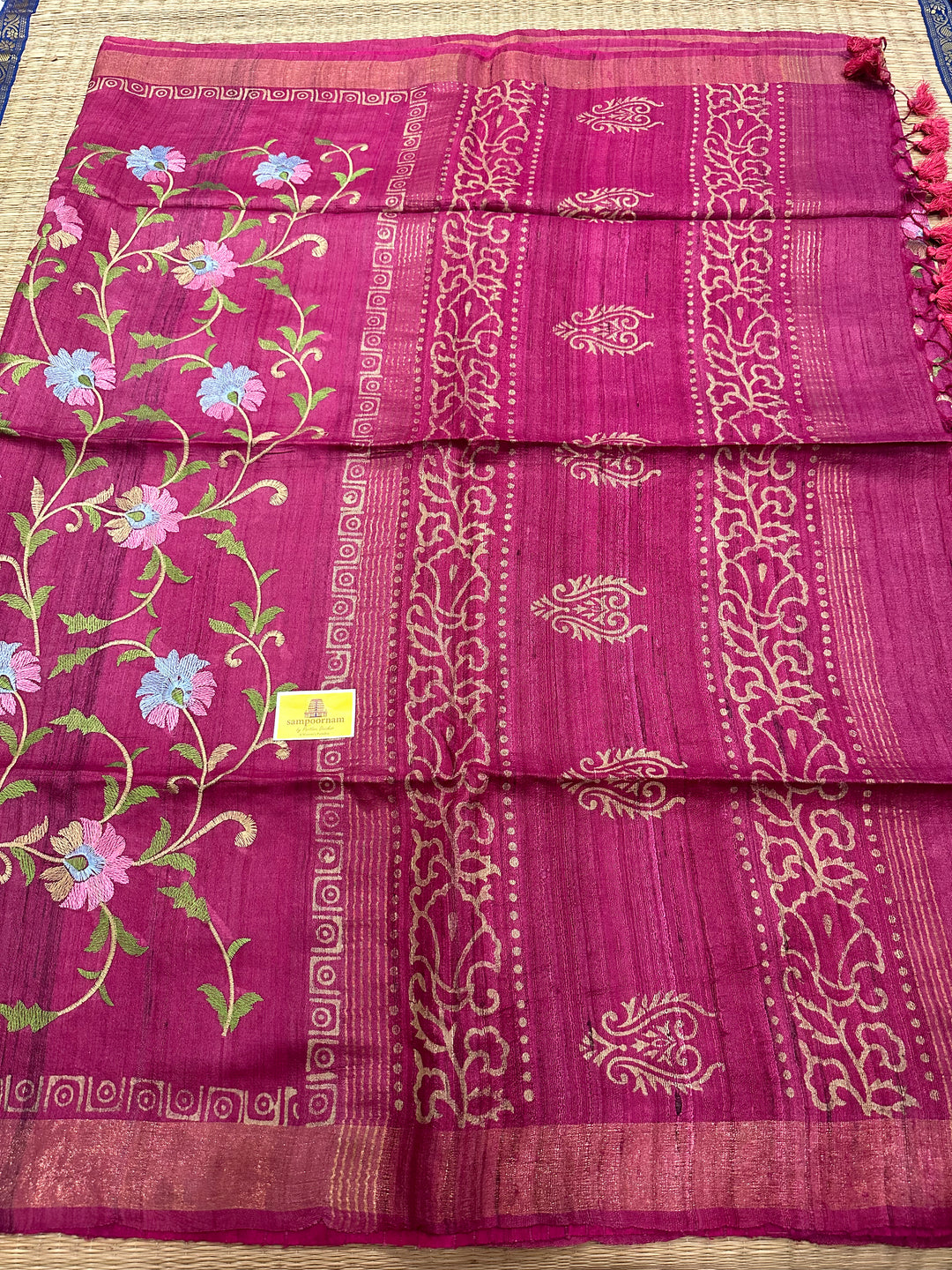 Floral Embroided Magenta Pure Tussar Silk Saree with Handblock Printed Pallu and Borders