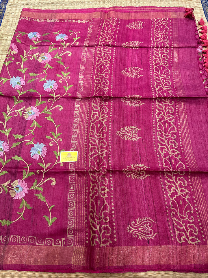 Floral Embroided Magenta Pure Tussar Silk Saree with Handblock Printed Pallu and Borders