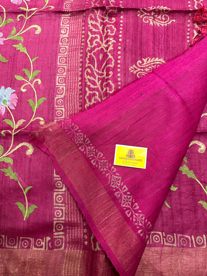 Floral Embroided Magenta Pure Tussar Silk Saree with Handblock Printed Pallu and Borders