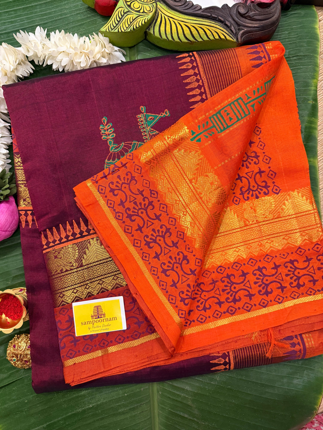 Maroon with orange , terracotta horse hand block printed silk cotton saree