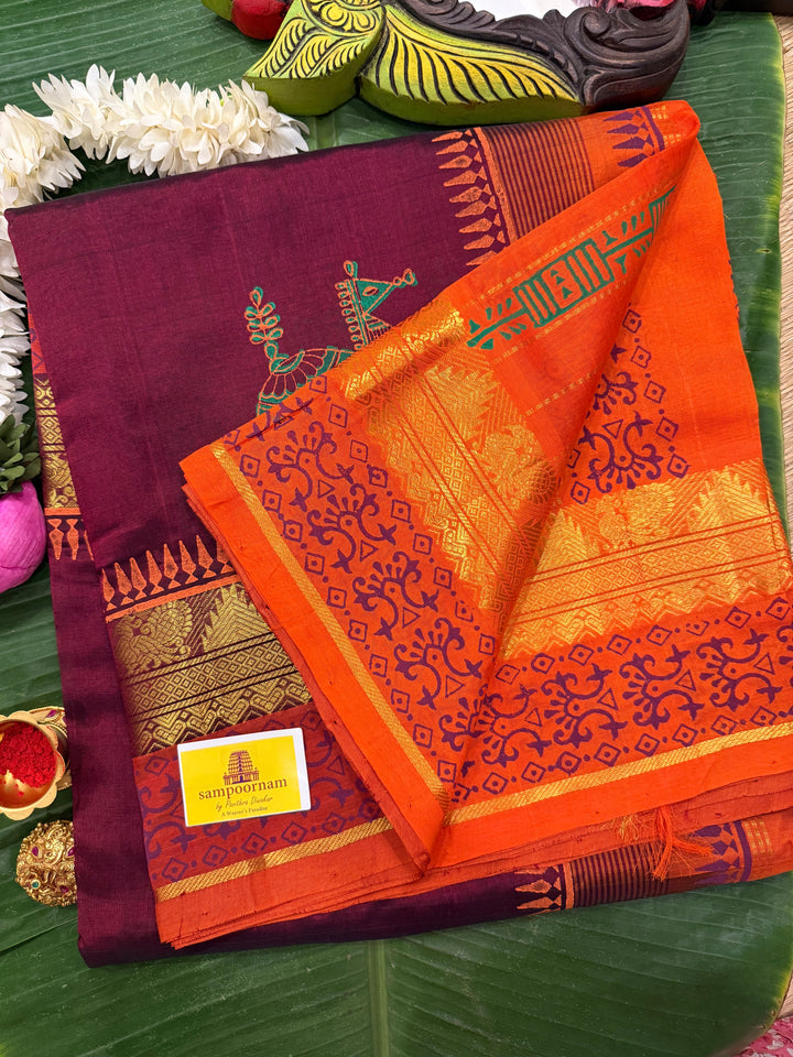 Maroon with orange , terracotta horse hand block printed silk cotton saree