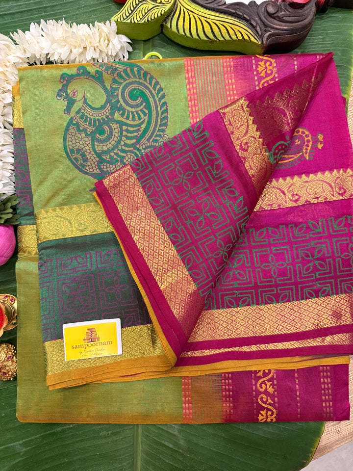 Green with pink , annam hand block printed silk cotton saree