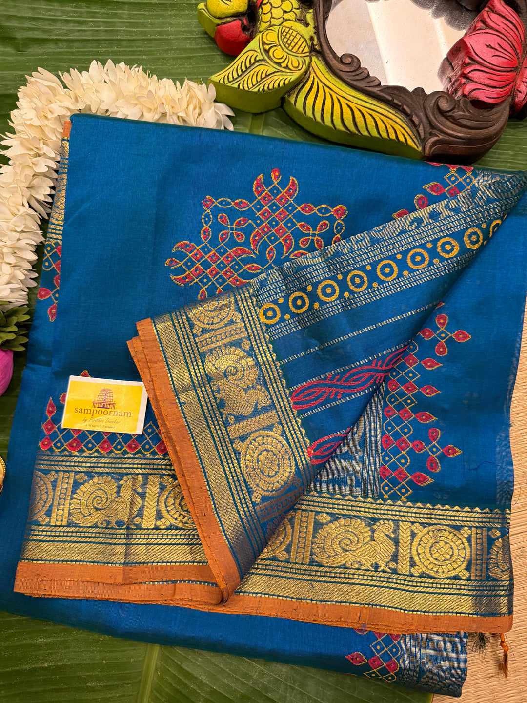Rama blue with orange selvedge ,Traditional Border and Pallu Kolam Handblock Printed Silk Cotton Saree