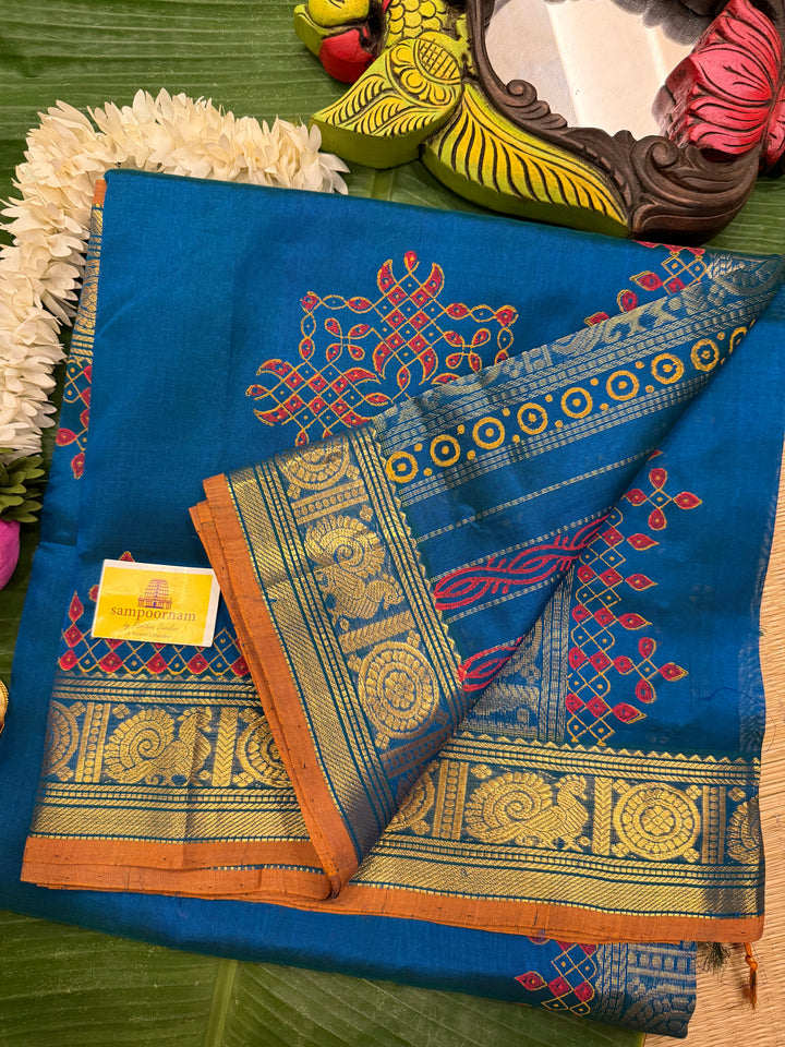 Rama blue with orange selvedge ,Traditional Border and Pallu Kolam Handblock Printed Silk Cotton Saree