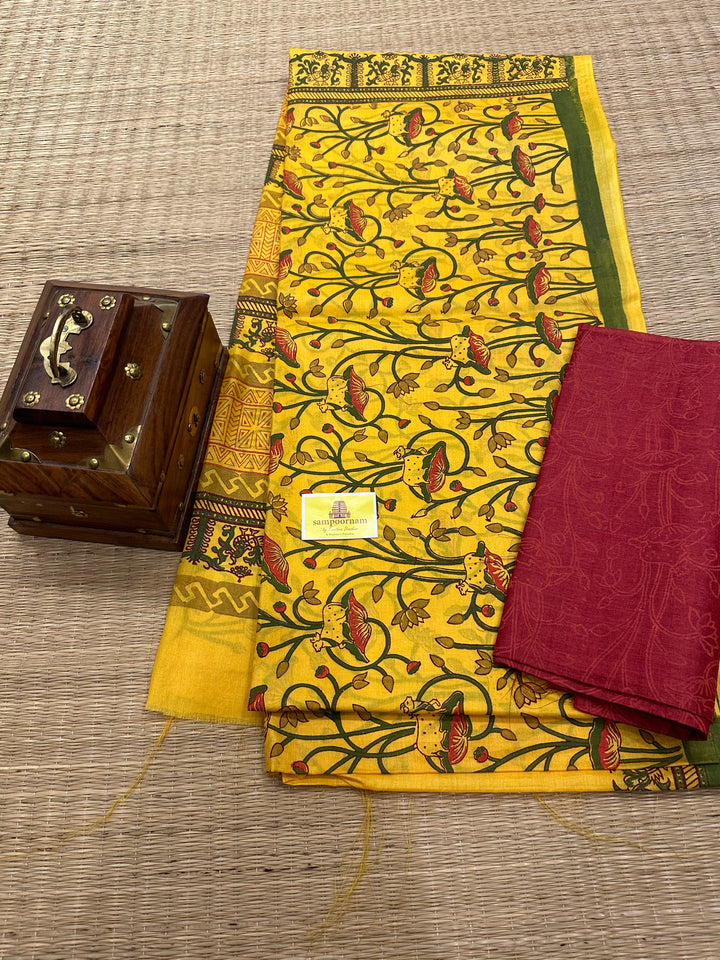 Mustard Yellow Pichwai Cow Handblock Printed Tussar Silk Saree, with contrast handblock printed bloucs