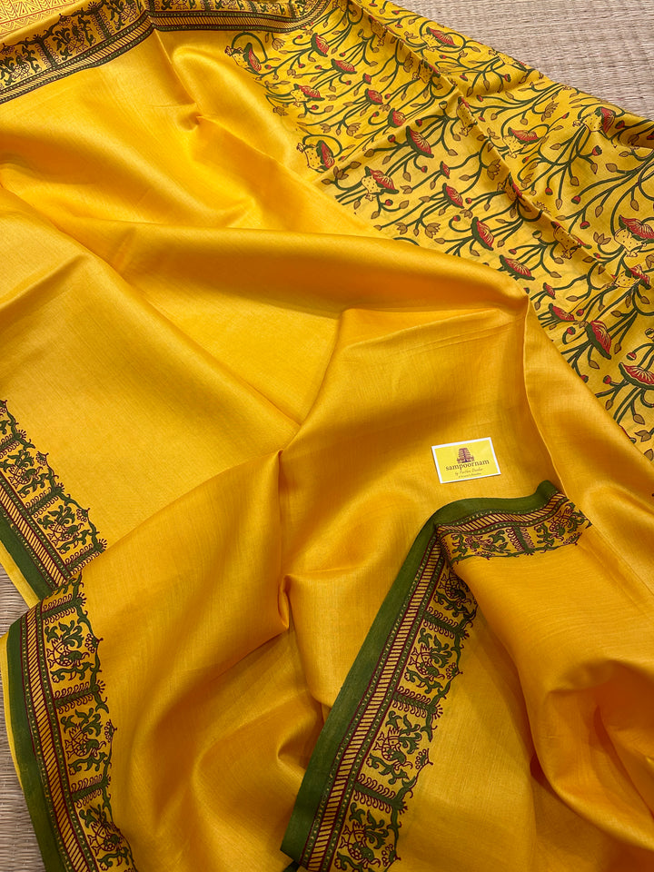 Mustard Yellow Pichwai Cow Handblock Printed Tussar Silk Saree, with contrast handblock printed bloucs