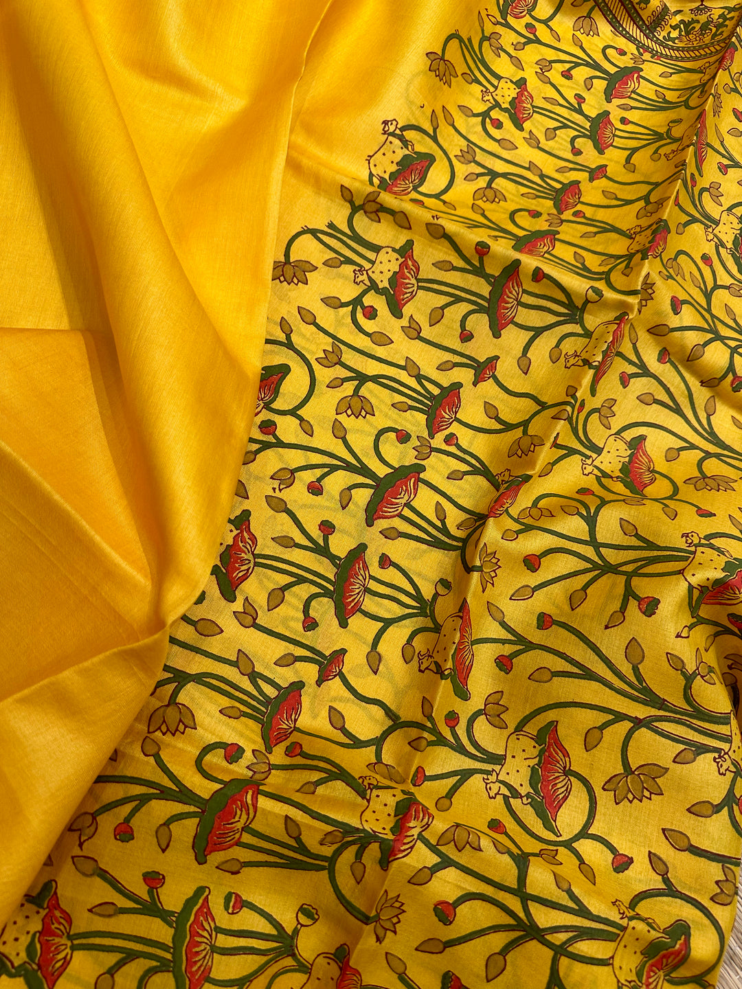 Mustard Yellow Pichwai Cow Handblock Printed Tussar Silk Saree, with contrast handblock printed bloucs