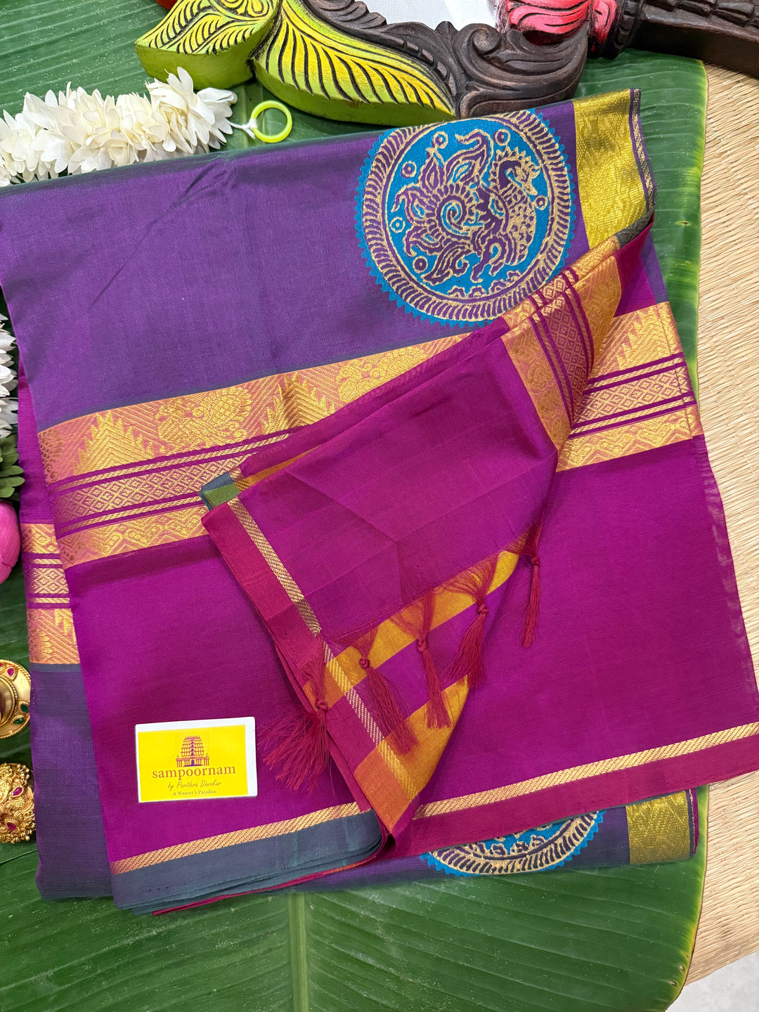 Purple with magentha , annam hand block printed silk cotton saree
