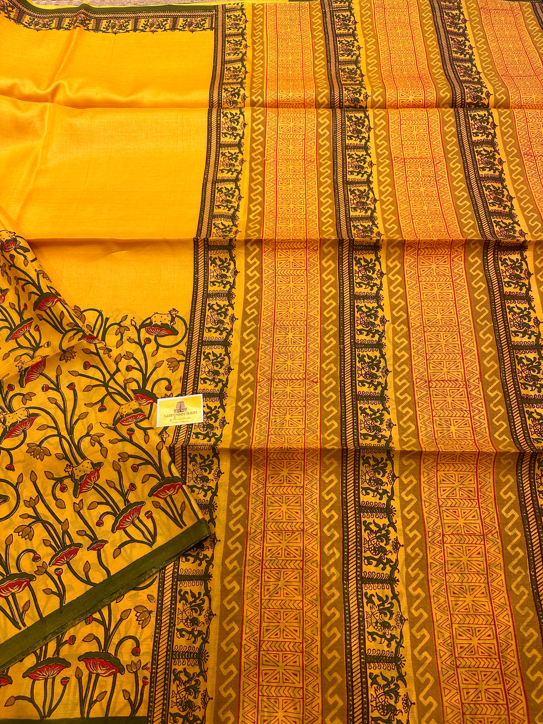 Mustard Yellow Pichwai Cow Handblock Printed Tussar Silk Saree, with contrast handblock printed bloucs