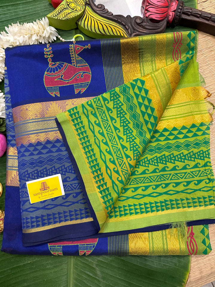 Ms blue with green,terracotta horse hand block printed silk cotton saree