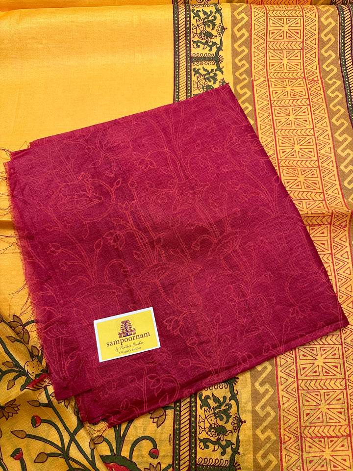 Mustard Yellow Pichwai Cow Handblock Printed Tussar Silk Saree, with contrast handblock printed bloucs